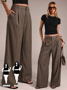 SHEIN Tall CURVE 大码纯色褶皱休闲阔腿裤 - 棕色 - 查看 1