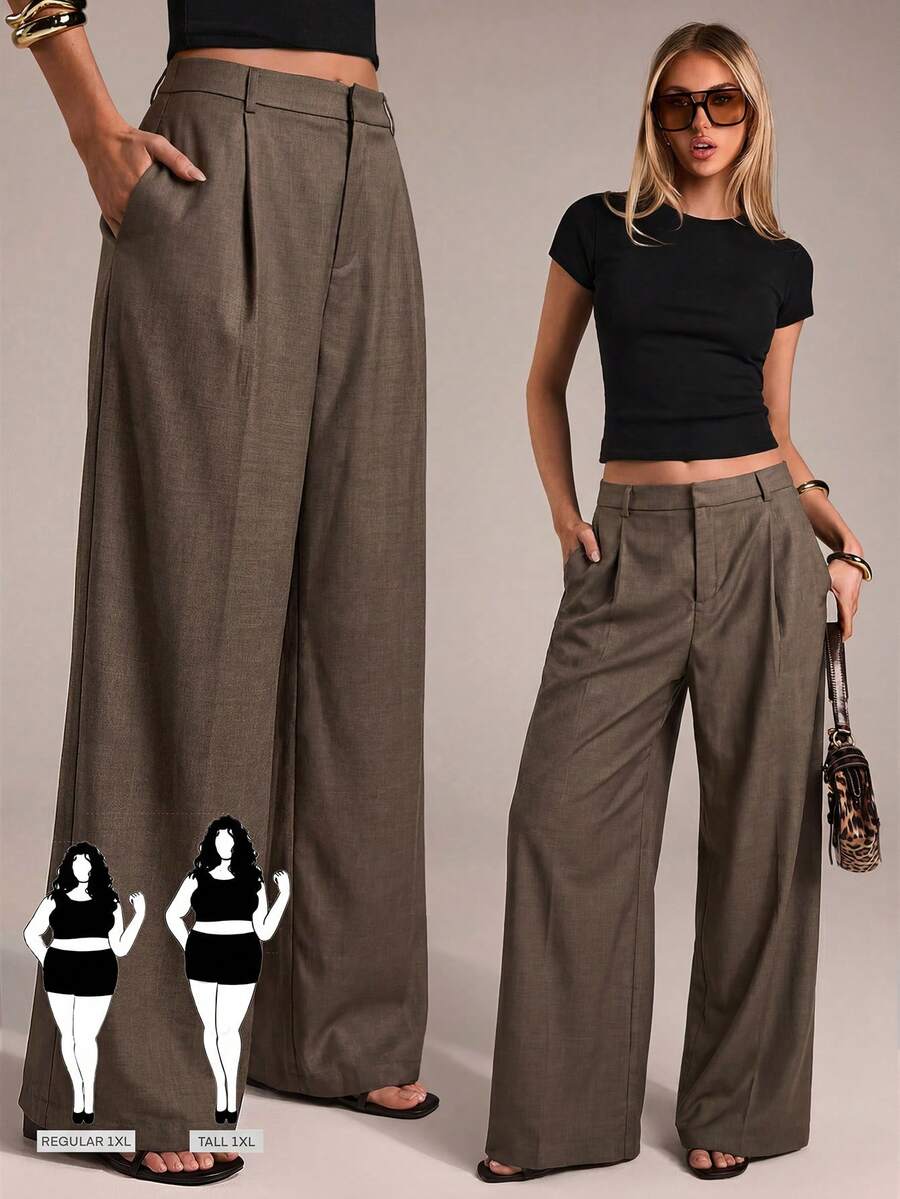 SHEIN Tall CURVE 大码纯色褶皱休闲阔腿裤 - 棕色 - 查看 1