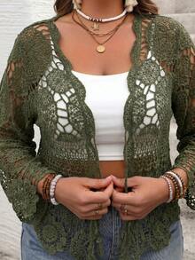 SHEIN VCAY Cárdigan de punto calado para vacaciones talla grande - Verde militar - Ver 6