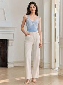 Anewsta Sweet Style Butterfly Crochet Lace Camisole Top, Summer Fashion Wide Strap Blue & White Contrast Color V-Neck Gentle Slim Fit Outerwear/Innerwear Short Top - Blue - View 3