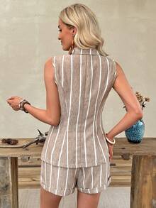 EMERY ROSE Summer Women's Blazer Collar Two Pieces Set, Ruffle Tie Shorts, Loose Fit, Suitable For Commuting Vacation, Showcasing Elegant Smart Casual. White - Multicolor - View 2