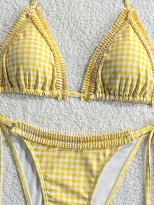 Swim Mod 女款2件式夏季海灘泳衣套裝，咖啡色格紋印花荷葉邊波浪邊掛脖綁帶上衣搭配側抽繩比基尼泳褲 - 黃色 - 查看 4