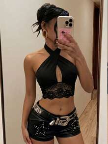 SHEIN ICON Women's Fashion Sexy Lace Patchwork Halter Neck Camisole - Black - View 7