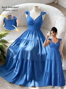 Elenzga Vestido largo de línea A con cuello cuadrado y mangas con volantes, de unicolor y elegante, para mujer de talla grande. Cinturón elástico en la cintura, ajuste ceñido, elegante y apropiado para uso diario, cenas y citas, primavera/verano - Azul - Ver 1