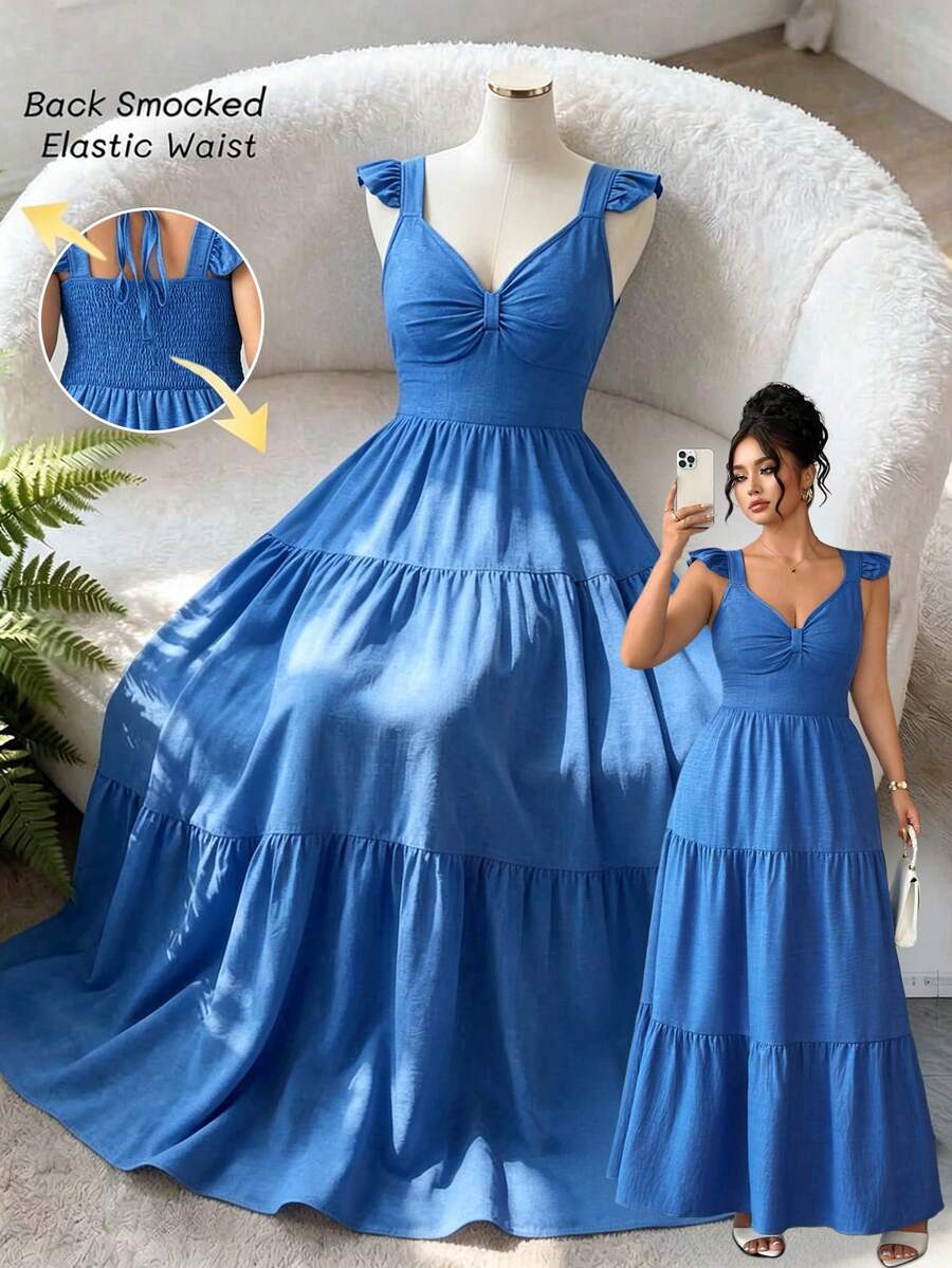 Elenzga Vestido largo de línea A con cuello cuadrado y mangas con volantes, de unicolor y elegante, para mujer de talla grande. Cinturón elástico en la cintura, ajuste ceñido, elegante y apropiado para uso diario, cenas y citas, primavera/verano - Azul - Ver 1