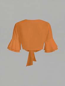 GlowEve Solid Color Flare Sleeve Tie Front Cropped Shirt - Orange - View 2