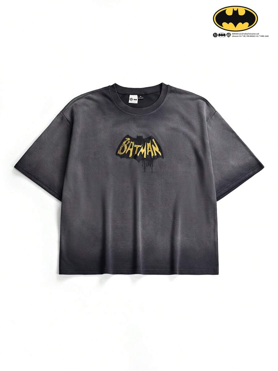 BATMAN X SHEIN STYNVO 男士休閒時尚街頭風日常通勤動漫英雄角色字母紮染印花寬鬆版型T恤,夏季,度假 - 灰色 - 查看 1