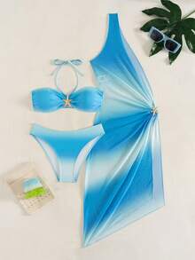 Vaytide Swim Lushore Skirts Halter Neck Knitting Bikini Set Women's Bikini Set With Skirt Mesh And Metal Accessories - Blue - View 4