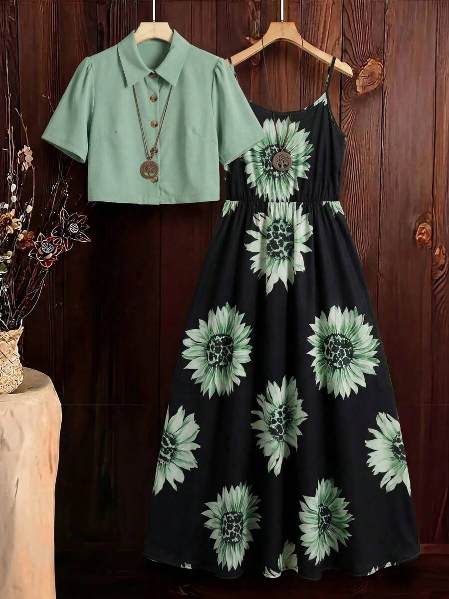 SHEIN Clasi 女士时尚优雅两件套,包含舒适的夏季短袖衬衫和吊带连衣裙,休闲办公装,适合女性返校季穿着,夏季两件套,两件套服装,两件套夏季服装,女士连衣裙套装 - 薄荷綠 - 查看 1