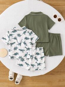 SHEIN Dozemod Kids Baby Boy Cute Cartoon Dinosaur Silhouette Pattern Minimalist Solid Color Collar Button-Up Short Sleeve Shorts Shorts Loose Comfortable Pajama Set 4pcs - MultiWarna - View 5