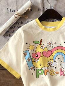 返校季，幼女休閒極簡可愛卡通文具圖案，PRE-K，蛋黃色，圓領短袖T恤適合夏季開學，圖案，日系可愛，舒適，可愛上衣，春季/夏季 - 彩色 - 查看 4