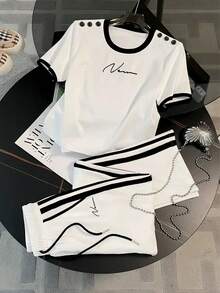 Resyla Fitted Short Round Neck Raglan Short Sleeve T-Shirt + Straight Leg Pants With Side Pockets - White - View 3