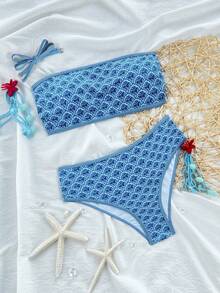 Swim Mod 女士春假 2 件套沙滩装，夏季度假随机花卉印花吊带短款上衣和高腰短裤比基尼套装 - 藍色 - 查看 5