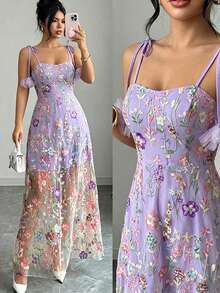 女款時尚優雅刺繡花卉細肩帶長洋裝，附3D花朵繫帶 - 紫色 - 查看 1
