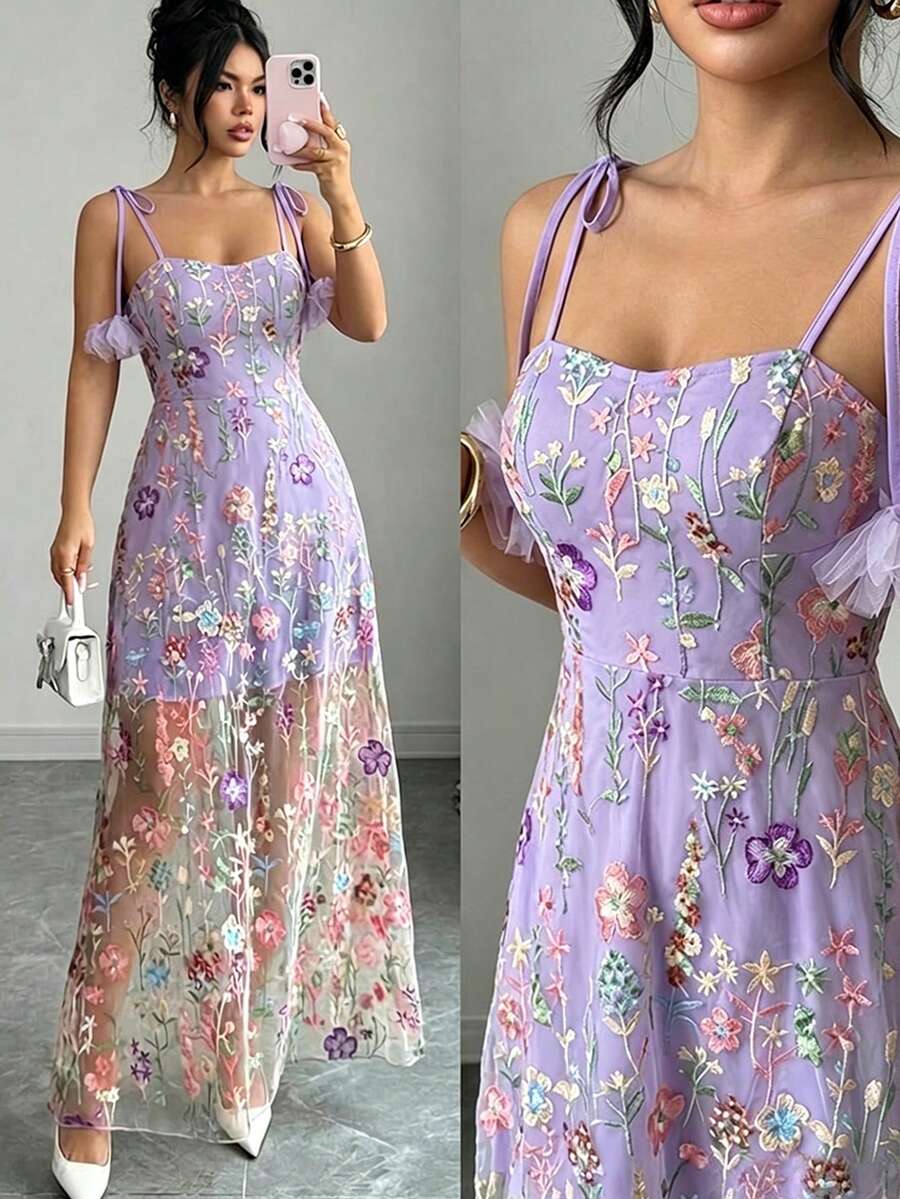 女款時尚優雅刺繡花卉細肩帶長洋裝,附3D花朵繫帶 - 紫色 - 查看 1