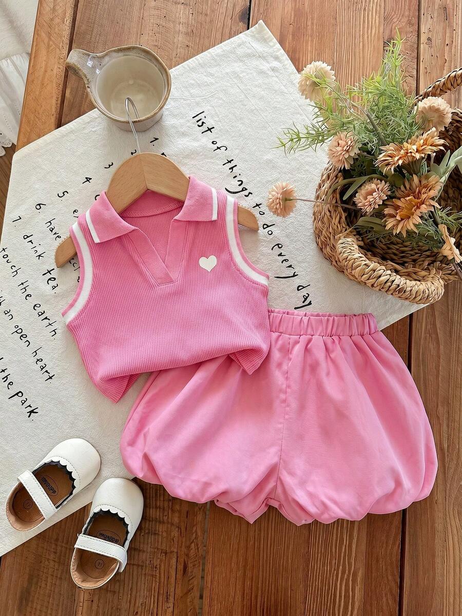 SHEIN LMoss Kids 女嬰可愛夏季條紋 Polo 背心上衣搭配彈性腰圍荷葉邊短褲套裝 - 粉色 - 查看 1