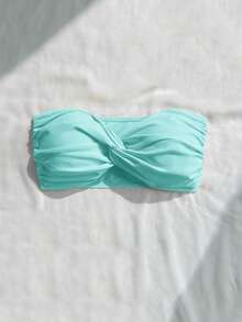 Swim Basics Vacation Beach Solid Color Twisted Bandeau Swimsuit Top - Mint Green - View 5