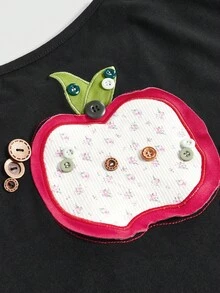 ROMWE Avant Y2K Vintage Spring/Summer All-Match Versatile Apple Patchwork Floral Embroidery Button Decor Plus Size Camisole And Tank Top - Black - View 3