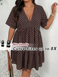 SHEIN CURVE+ CURVE+ 大尺碼極簡V領圓點洋裝，波希米亞風度假穿搭，女款沙灘洋裝/沙灘裙/沙灘度假套裝/沙灘必備/畢業典禮/下午茶派對洋裝/鄉村風/沙灘度假穿搭/沙灘穿著/沙灘服飾 - 巧克力棕 - 查看 1