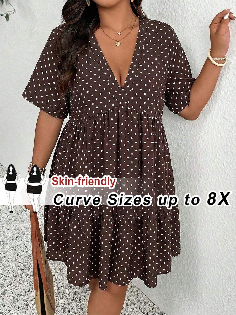 SHEIN CURVE+ CURVE+ 大尺碼極簡V領圓點洋裝,波希米亞風度假穿搭,女款沙灘洋裝/沙灘裙/沙灘度假套裝/沙灘必備/畢業典禮/下午茶派對洋裝/鄉村風/沙灘度假穿搭/沙灘穿著/沙灘服飾 - 巧克力棕 - 查看 1