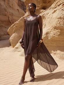 Zivah Women's Brown Long Strap Beach Cover-Up Dress, Featuring Bottom Collar And Asymmetrical Hem, Suitable For Various Occasions Including Music Festivals, St. Patrick's Day, Valentine's Day, Dates, Western Theme, And Nomad Style - Brown - View 8