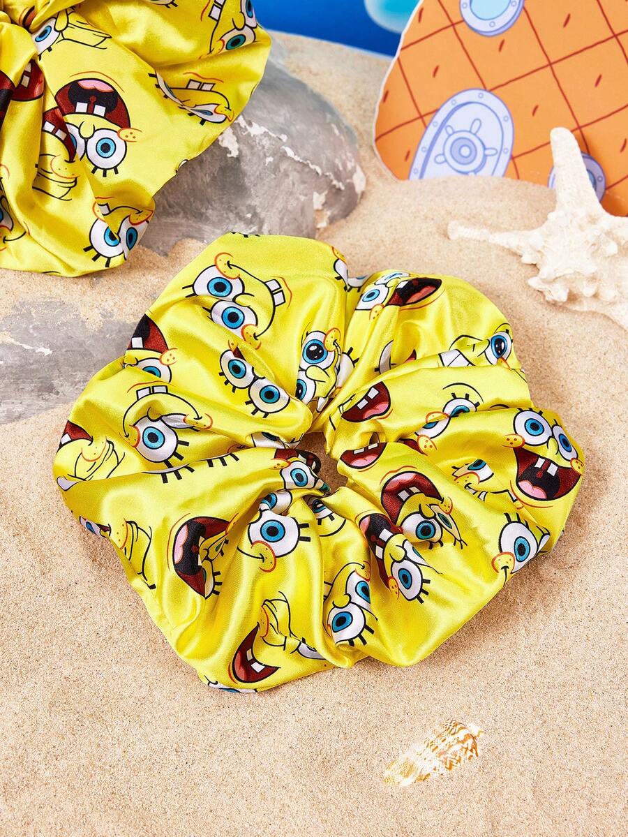 SpongeBob SquarePants | SHEIN 1 Pack Cute Fashion Glossy Satin Soft Plus Size Large Intestine Ring Cartoon Printed Hair Band, Suitable For Home Or Out Use, High Ponytail - Multicolor - View 1