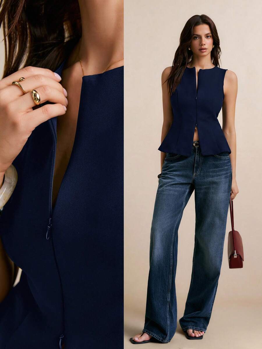 Poéselle Women's Solid Color Casual Elegant Versatile Commuting Office Blazer Navy Blue Summer - Navy Blue - View 1