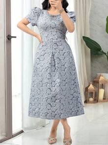 Feyla Plus Size Women's Jacquard Round Neck Short Petal Sleeve Elegant Dress Wedding Light Blue Summer - Blue - View 7