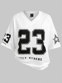 SHEIN Girlism 青少年女孩 T-Shirt 休閒簡約字母數字圖案 23T-Shirt 白色 球賽穿搭 適合夏季 適合球賽 - 白色 - 查看 6