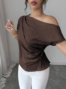 Elenzga Women's Spring/Summer New Elegant Sexy Asymmetric Shoulder Design Textured Pleated Minimalist Solid Color Loose Fit Slimming Suitable For Dark Brown - Brown - View 4