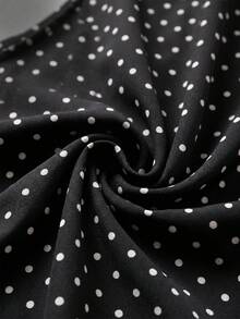 SHEIN Franclia Women's Summer Polka Dot Print Lace Trim Asymmetrical Hem Shirt - Black and White - View 6