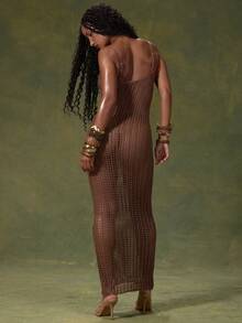 MUSERA Brown Crochet Open Knit Bodycon Beach Cover Up Maxi Dress - Chocolate Brown - View 4
