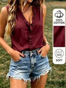 EMERY ROSE Women's Solid Color Ruffle Trim V-Neck Casual Elegant Sleeveless Blouse Vacation Burgundy Red Summer Brunch Date - Burgundy - View 6