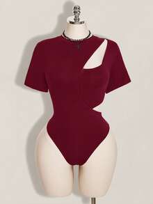 SHEIN ICON Women's Plus Size Solid Color Hollow Out Casual Versatile Daily Outing Short Sleeve Bodysuit - Burgundy - View 4