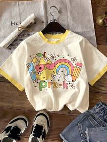 返校季，幼女休閒極簡可愛卡通文具圖案，PRE-K，蛋黃色，圓領短袖T恤適合夏季開學，圖案，日系可愛，舒適，可愛上衣，春季/夏季 - 彩色 - 查看 2
