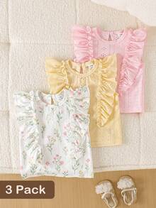 SHEIN Playful Pals [女童甜美荷葉袖上衣]夏季新款嬰兒鏤空刺繡花卉無袖T恤兒童蕾絲外套背心多色可選 - 彩色 - 查看 3