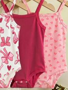 LMoss Kids Pink Cute Bow Heart Print Baby Girl Casual Bodysuit, Suitable For Spring & Summer Rompers For Baby Girl Baby Girls Clothes Summer - Pink - View 4