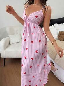 Napfluff Sweet Heart Stripe Print Front Knot Ruffle Trim Women's Camisole Nightgown - Pink - View 6