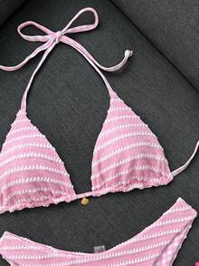 Swim Mod 女款甜美粉色花卉圖案雙色特殊雙層布料掛脖比基尼套裝，適合海灘度假 - 粉色 - 查看 5