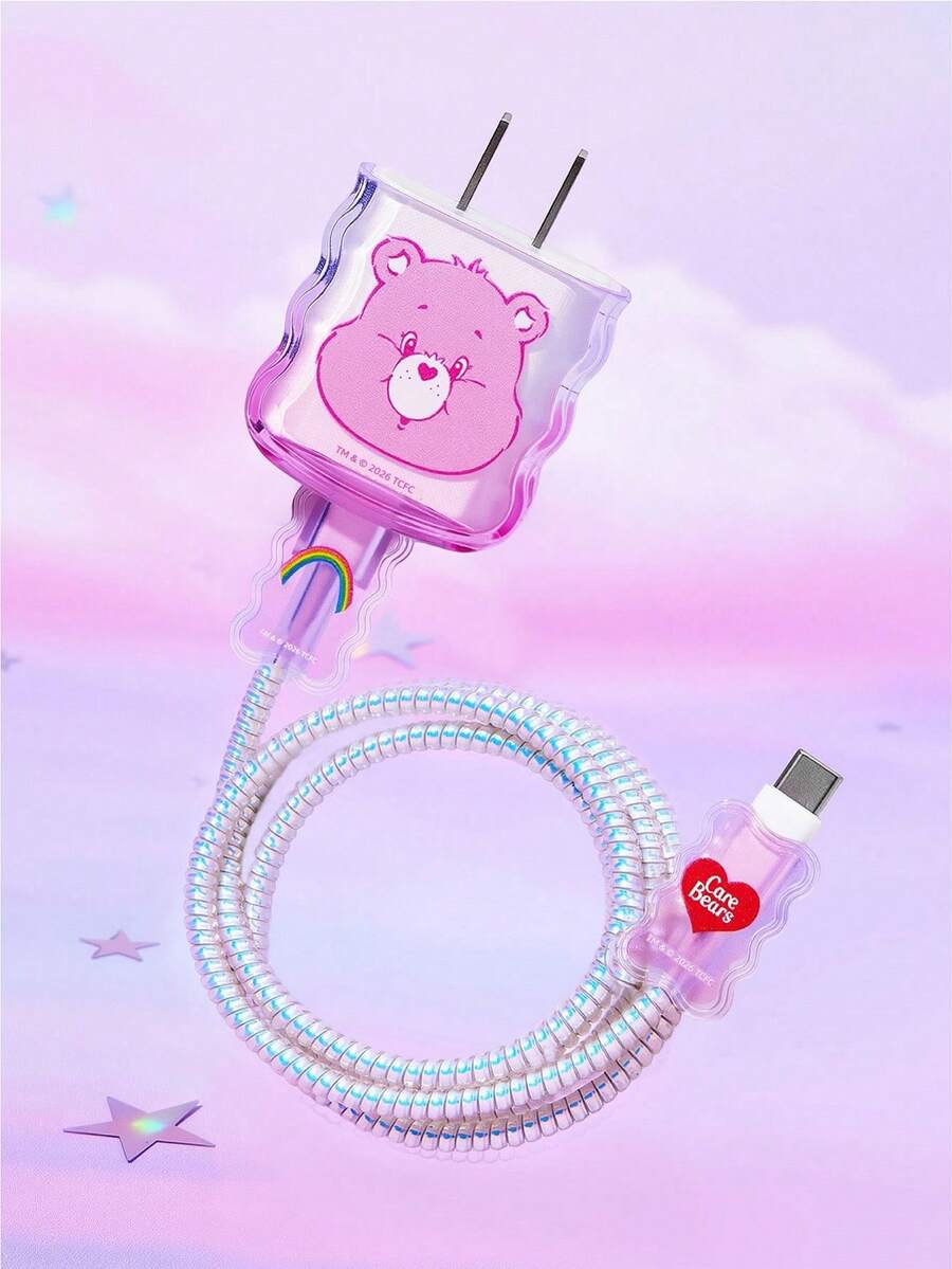 SHEIN X Care Bears Data Cable Protector, Suitable For IPhone Charger,3- Piece Set Of Mobile Phone Cable Protectors, Charger Protector (Excluding Data Cable) - Baby Pink - View 1