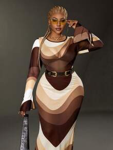 Maweii Plus Size Color Block Round Neck Sheer Sexy Long Sleeve Dress - Apricot - View 6