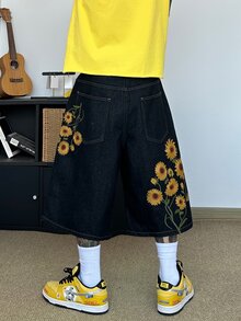 STEELVANCE 街頭風復古時尚百搭刺繡設計寬鬆直筒寬腿休閒夏季牛仔短褲 (不含腰帶與配件) - 黑色 - 查看 3