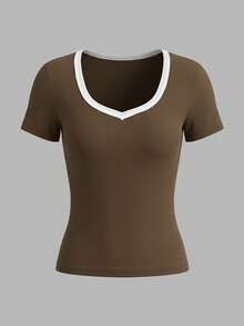 EMERY ROSE Women's Summer Casual Sexy Color Block Collar T-Shirt Daytime White And Brown Everyday - Brown - View 3