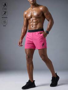Acti Log Men's Contrast Color Waistband Side Slit Sports Shorts, Gym - Hot Pink - View 6