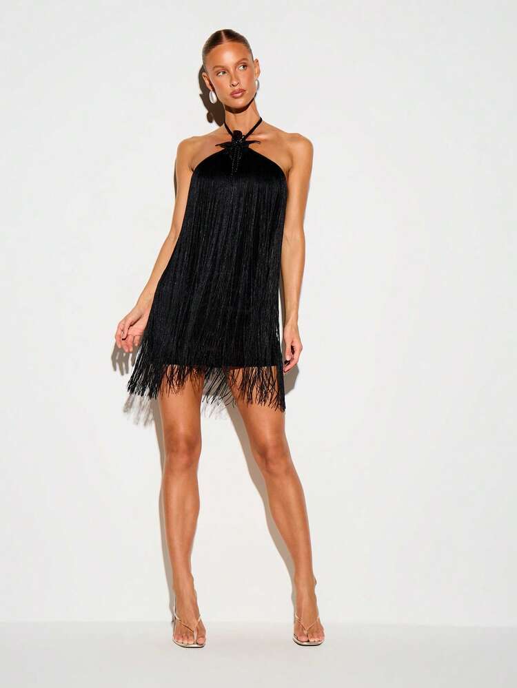 KIZN Halterneck Fringe Tassel Mini Dress With Floral Beaded Trim Party Evening Summer Festival Look - Black - View 7