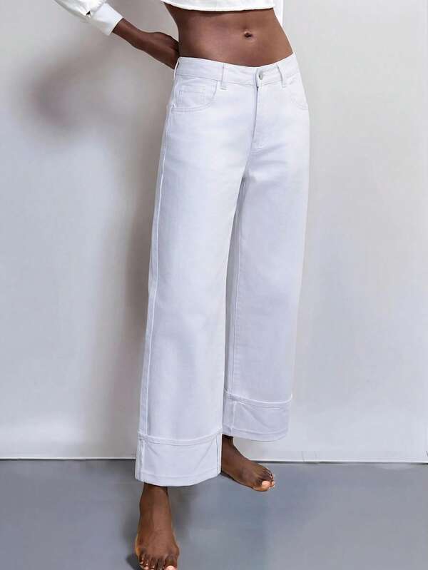 Maija Women's Jeans Retro Gray Blue Straight Leg Ninth Pants Turn-Down Cuffs Casual And Versatile, Summer Outfits.