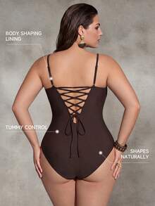 Shapewave Plus Size Women's Solid Color Beaded Detail Fashionable One-Piece Swimsuit Beach Brown Summer Sexy - Coffee Brown - View 8