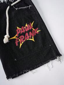 Paul Frank X SHEIN Men's Hip-Hop Design Cartoon Pattern Print Button Tie Frayed Denim Shorts - Black - View 7