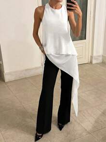 Ontre Top de mujer cómodo y agradable al tacto de mezcla premium de lyocell y tencel, ajuste ceñido, cuello en U pequeño, tirantes anchos, sin mangas, diseño de doble capa con dobladillo asimétrico, dobladillo fluido, estilo moderno urbano business casual para oficina, uso diario, de alta calidad, atuendo de aeropuerto, casual discreto, estilo old money, sofisticado para crucero, minimalista del Medio Oriente, lujo silencioso, textura esencial, versátil para todas las estaciones, serie minimalista - Blanco - Ver 7