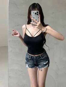 Coolane 女士夏季外出休闲可爱运动V领弹力露脐吊带背心，黑色上衣，吊带衫 - 黑色 - 查看 2